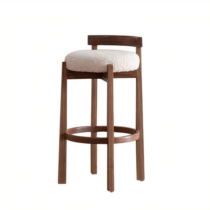 Wooden Bar Stool - Bar Stools For Kitchen Island featuring deep brown wood and off-white boucle upholstery.