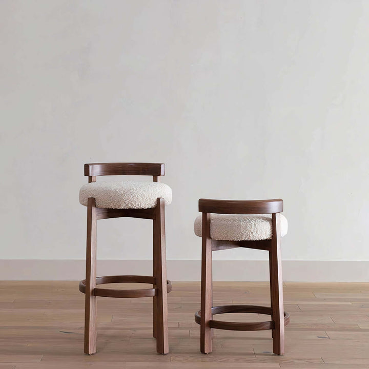 Wooden Bar Stool - Bar Stools For Kitchen Island featuring deep brown wood and off-white boucle upholstery.