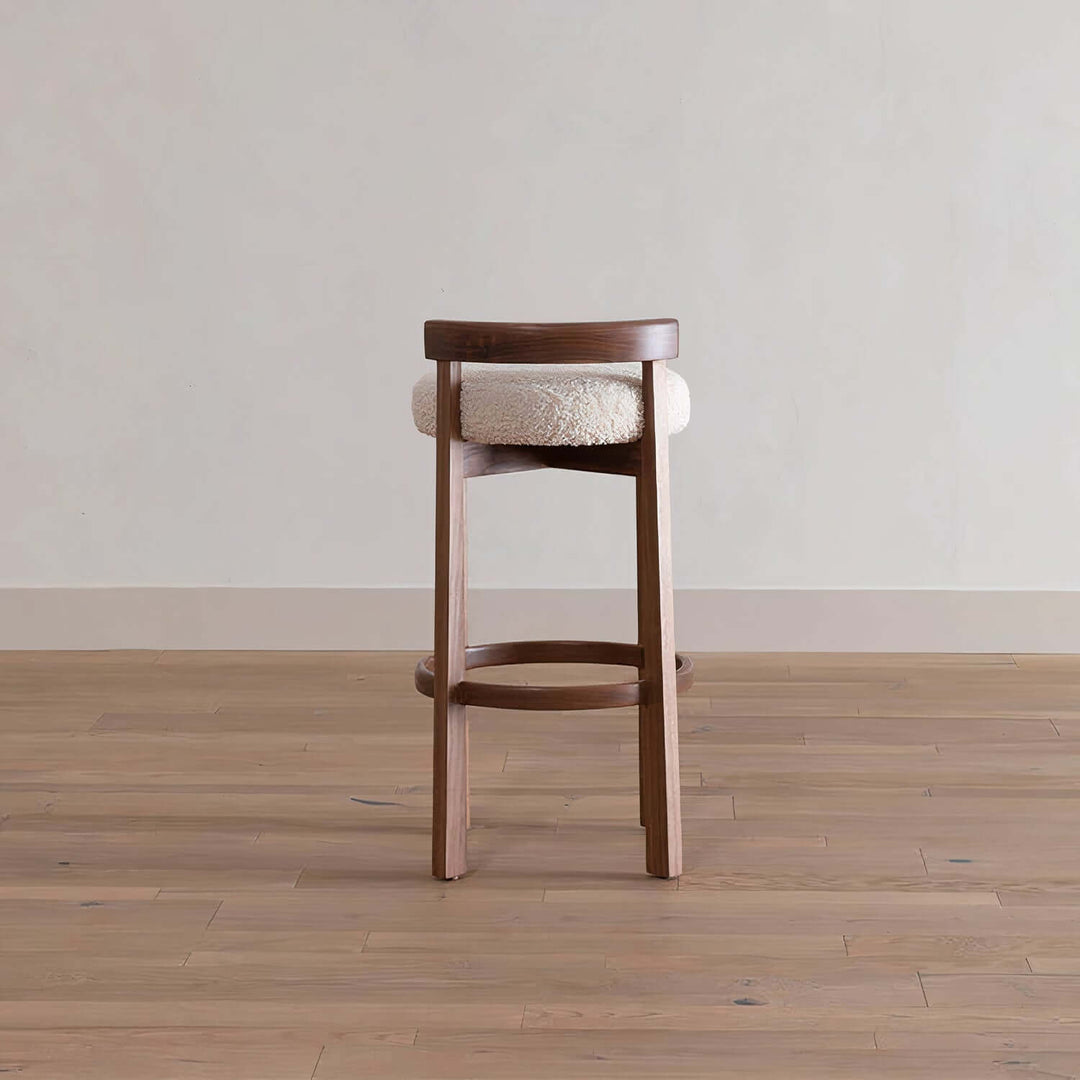Wooden Bar Stool - Bar Stools For Kitchen Island featuring a curved wooden frame and off-white boucle upholstery.