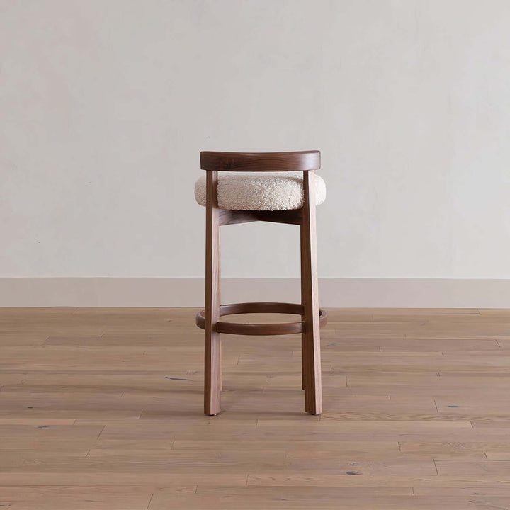 Wooden Bar Stool - Bar Stools For Kitchen Island featuring a curved wooden frame and off-white boucle upholstery.
