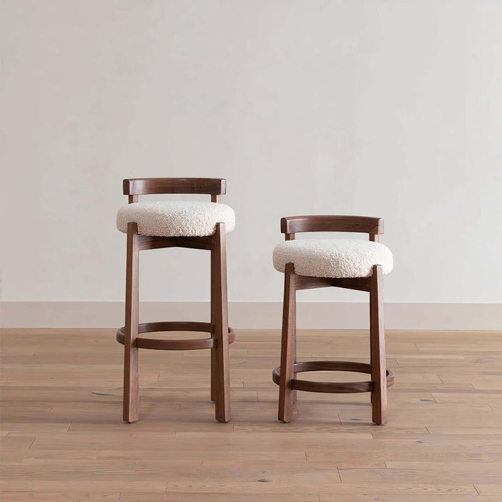 Wooden Bar Stool - Bar Stools For Kitchen Island featuring brown wood and off-white boucle upholstery.