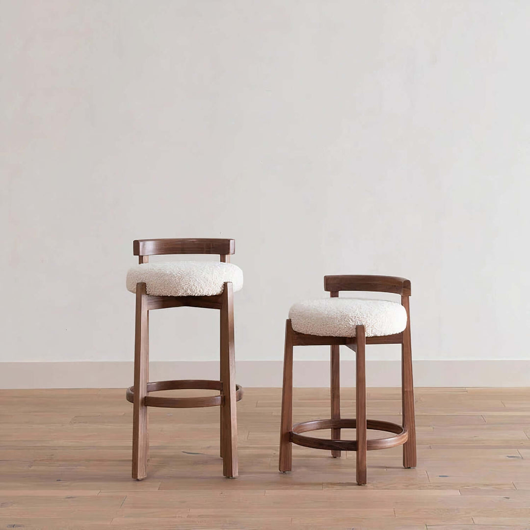Wooden Bar Stool - Bar Stools For Kitchen Island showcasing deep brown wood and off-white boucle upholstery.