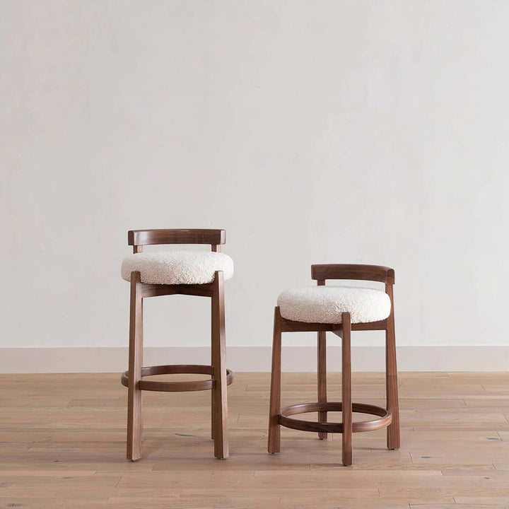 Wooden Bar Stool - Bar Stools For Kitchen Island showcasing deep brown wood and off-white boucle upholstery.