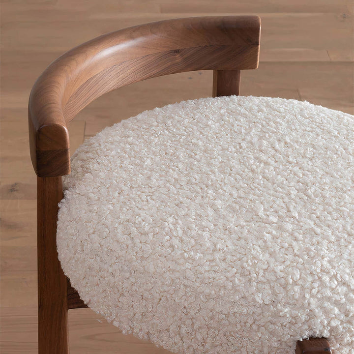 Wooden Bar Stool - Bar Stools For Kitchen Island with off-white boucle upholstery and curved wooden armrest