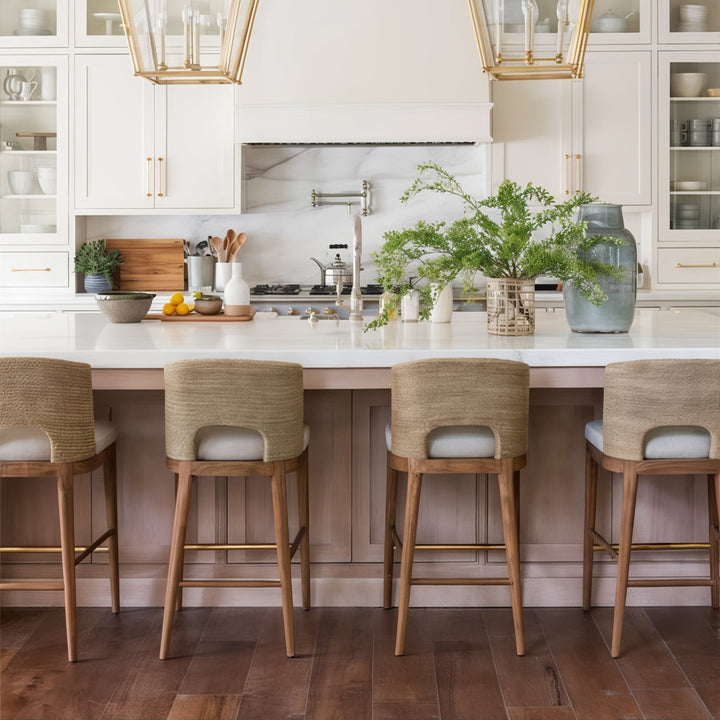 Wooden Bar Stools - Bar Stools For Kitchen Island in a modern kitchen with a white countertop and beautiful decor.