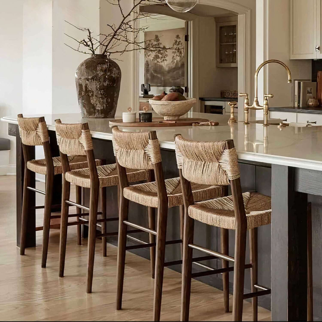 Wooden Bar Stools - Bar Stools For Kitchen Island arranged around a kitchen island with modern decor and natural elements.