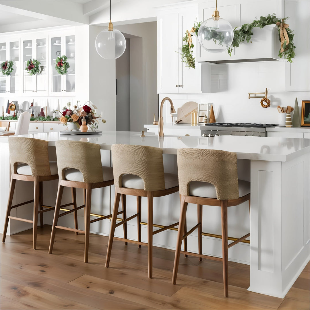 Wooden Bar Stools - Bar Stools For Kitchen Island in modern kitchen with white cabinetry and festive decor.