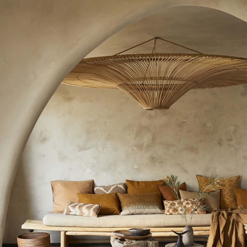 Rattan Ceiling Light | Woven Bamboo Flush Mount — Coastal Living Room